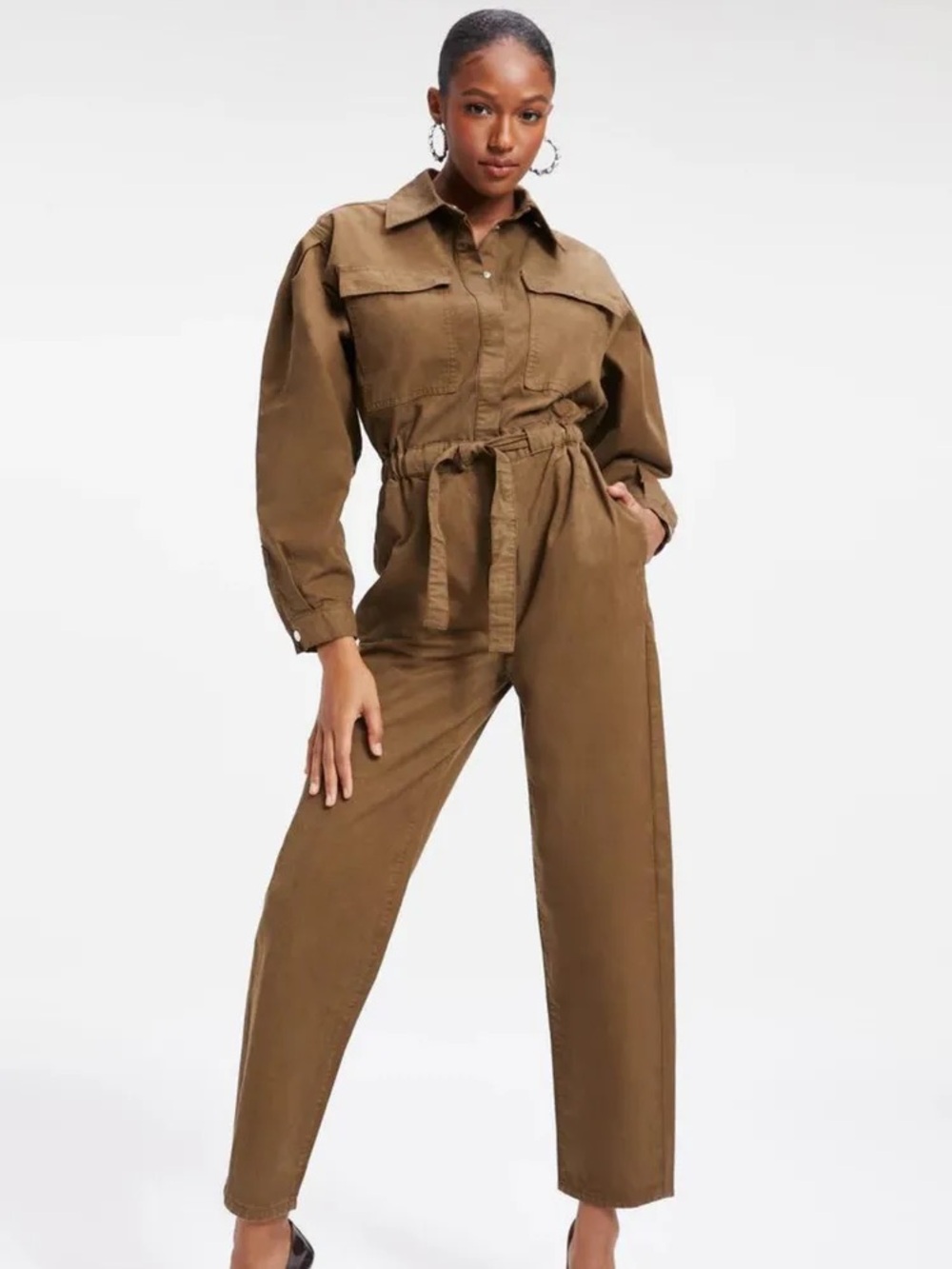 Good American Good Cinched Utility Boiler Jumpsuit Olive Green Size M